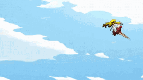 a girl with long blonde hair is flying through the air