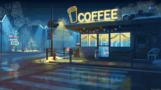 a coffee shop with a sign that says coffee