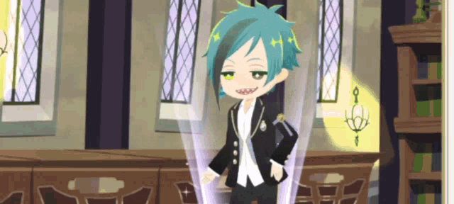 a cartoon character with blue hair and green eyes is standing in a room in a video game .
