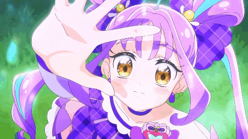 a girl with purple hair and yellow eyes is making a selfie