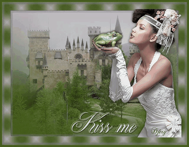 a woman in a white dress kisses a frog in front of a castle with the words kiss me written on the bottom