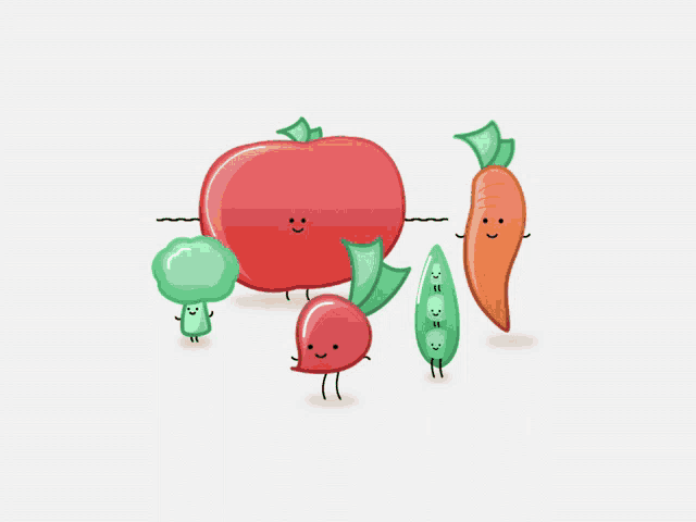 a group of vegetables including an apple broccoli carrot and peas with faces