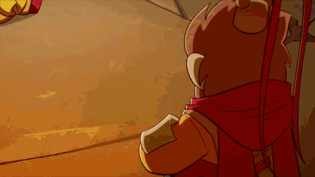 a cartoon character with a red scarf around his neck holds a spear