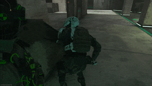 a video game screen shows a soldier with a backpack and a helmet with the letter x on it