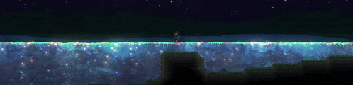a computer generated image of a person standing on a cliff overlooking a body of water