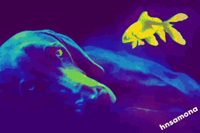 a painting of a dog and a goldfish with the name hnsama on the bottom right