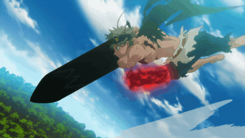 a cartoon character is flying through the air with a large black sword
