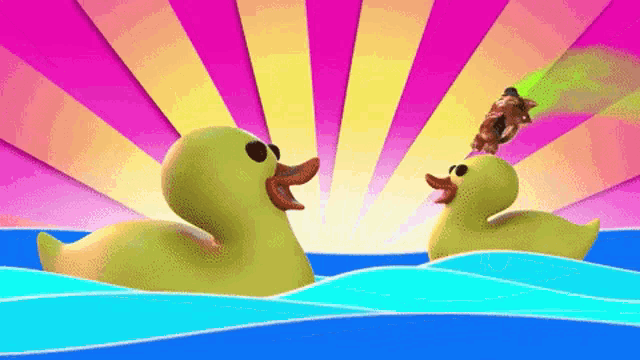 two rubber ducks are floating in the water with a monkey on top of one of them