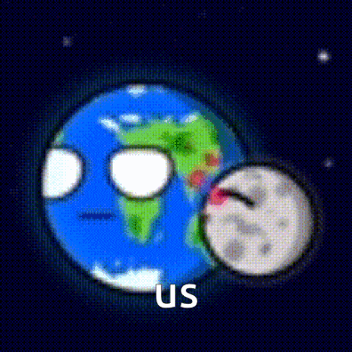 a pixel art drawing of the earth and the moon with the words us written on it