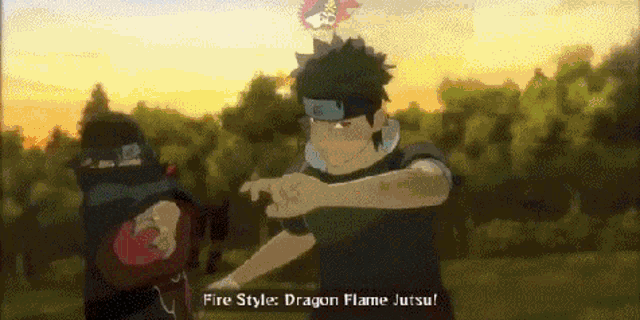 a cartoon of a man doing a dragon flame jutsu .