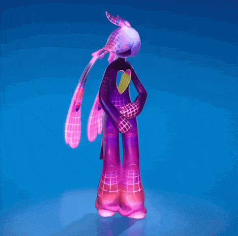 a pink and purple character with a heart on her chest