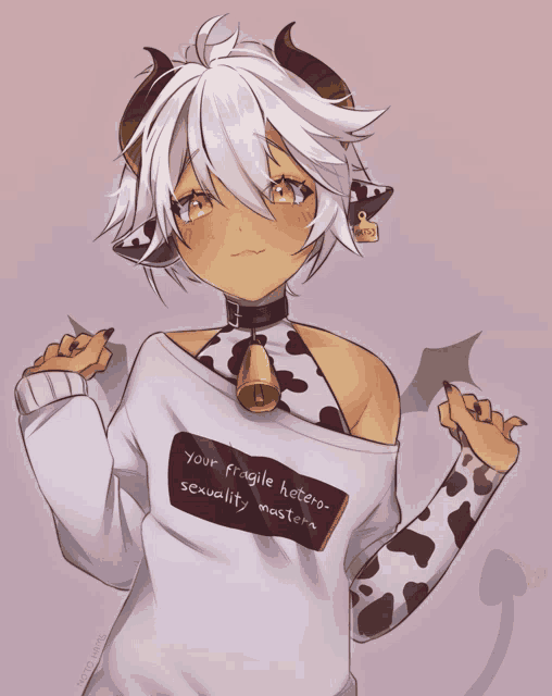 a girl with horns is wearing a sweater that says your fragile hetero sexuality master