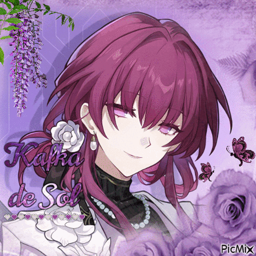 a picture of a girl with purple hair and the words kafka de sol on the bottom