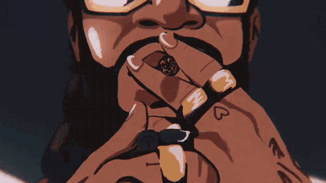 a cartoon drawing of a man with a heart tattoo on his hand