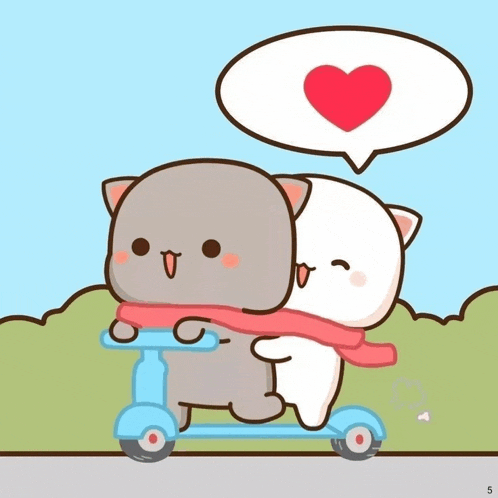 a cartoon of two cats riding a scooter with a heart in a speech bubble