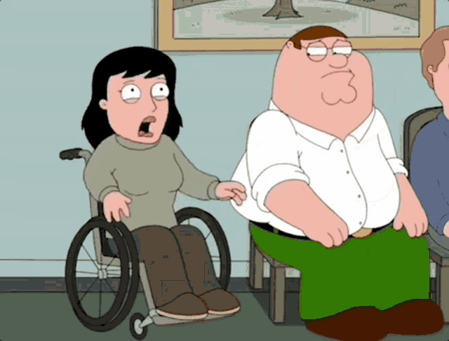 peter griffin sits next to a woman in a wheelchair with a surprised look on her face