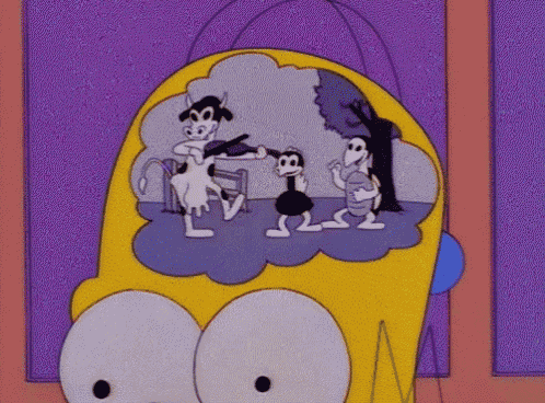 a cartoon drawing of homer simpson 's head with a few cartoon characters in it