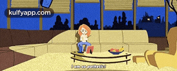 a cartoon of a woman sitting on a couch with the words " i am so pathetic "