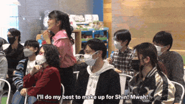 a group of people wearing face masks are sitting in a room and one woman says i 'll do my best to make up