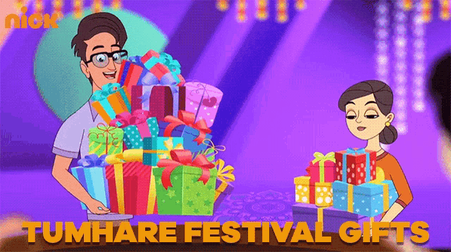 a cartoon of a man holding a pile of gifts next to a woman holding boxes of gifts