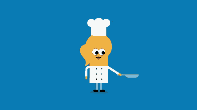 a cartoon character is wearing a chef 's hat and holding a knife and frying an egg
