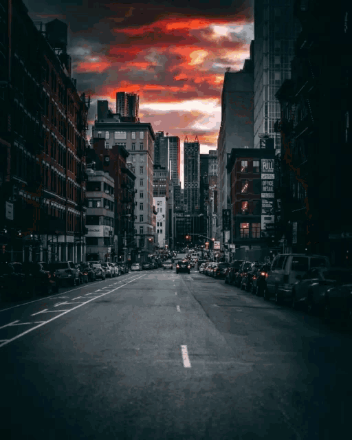 a busy city street with a sign that says ' full office space '