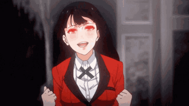 a girl with red eyes and a red jacket