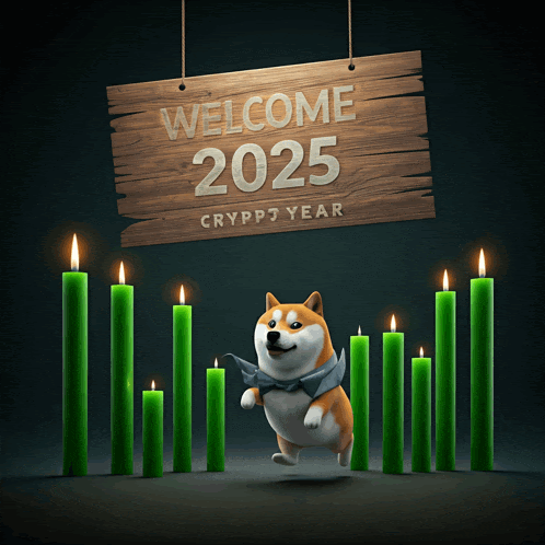 a doge wearing a bow tie stands in front of green candles under a sign that says welcome 2025