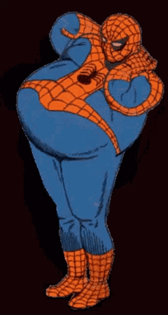 a cartoon drawing of a fat spider man with a black background