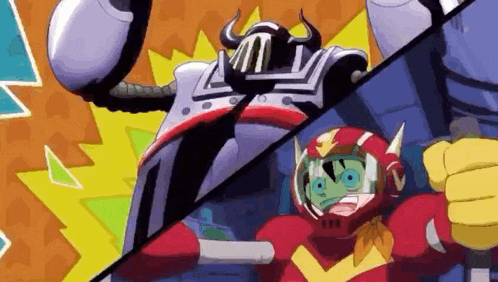 a cartoon of a robot and a man in a red helmet fighting each other .