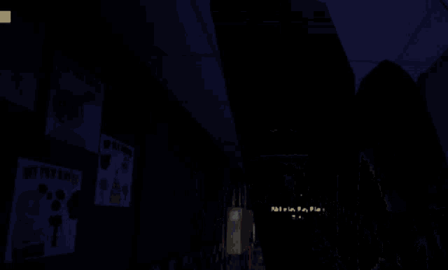 a dark hallway with a checkered wall and a yellow arrow pointing to the left