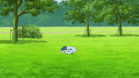 a cartoon sheep is laying in a grassy field with trees in the background