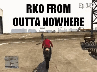 a man riding a motorcycle in a video game with the words " rko from outta nowhere " above him