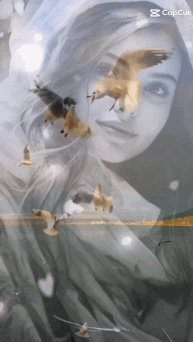 a painting of a woman with birds flying around her and a caption that says capcut