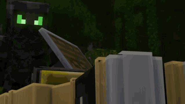 a minecraft character with green eyes stands next to another character