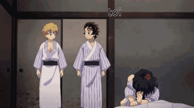 a group of anime characters standing next to each other with the word toi in the corner