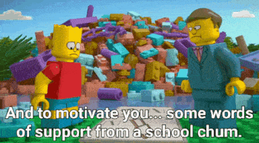 bart simpson and a man standing next to a pile of lego bricks