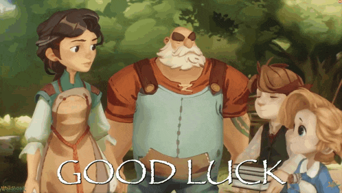 a group of cartoon characters standing next to each other with the words " good luck " written on the bottom