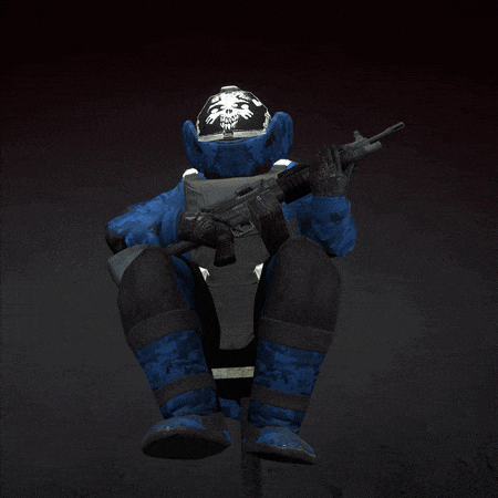a soldier in a blue uniform is holding a gun in his right hand
