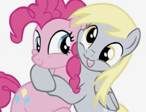 pinkie pie and derpy hooves are hugging each other in a cartoon