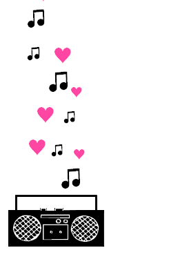 pink hearts and music notes are coming out of a boombox