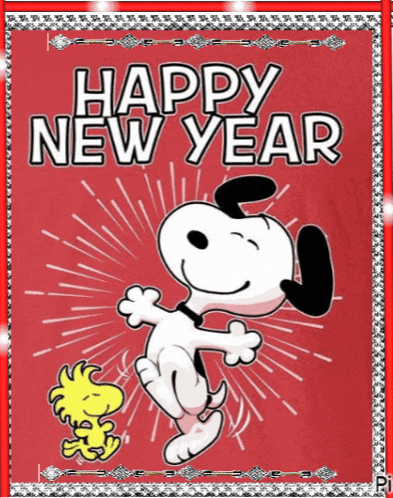 a happy new year card with snoopy and woodstock dancing