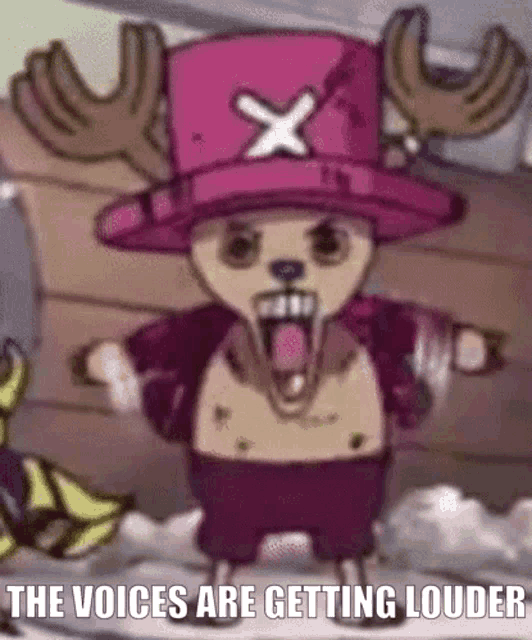 tony tony chopper from one piece is wearing a pink hat and antlers .