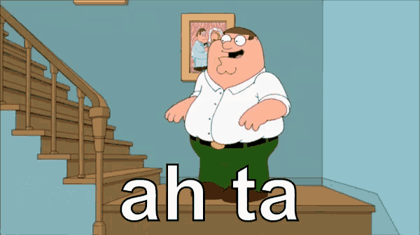 a cartoon of peter griffin standing on a set of stairs with ah ta written on the bottom