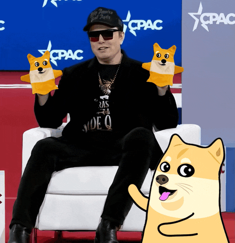 a man is sitting in a chair holding two doge puppets in front of a cpac logo