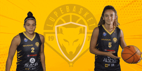two female basketball players are standing in front of a logo for lupabasket