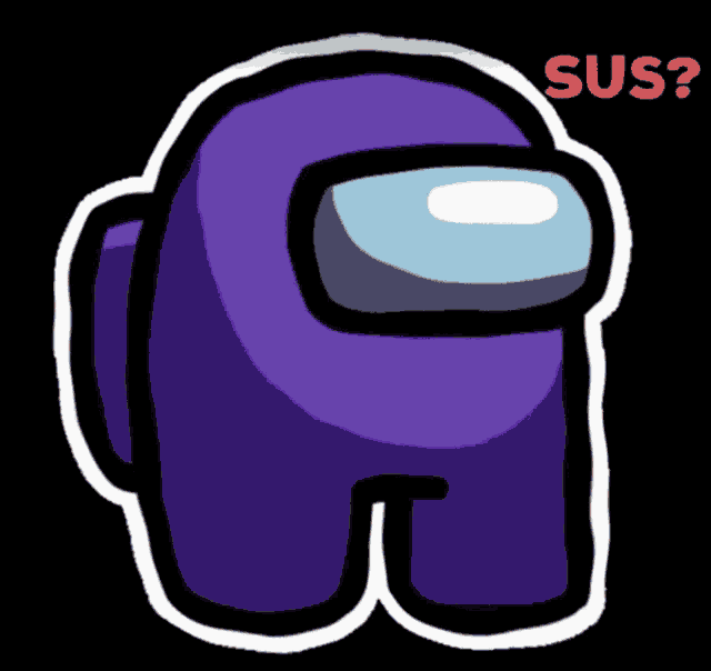 a purple among us character with the words sus written below it
