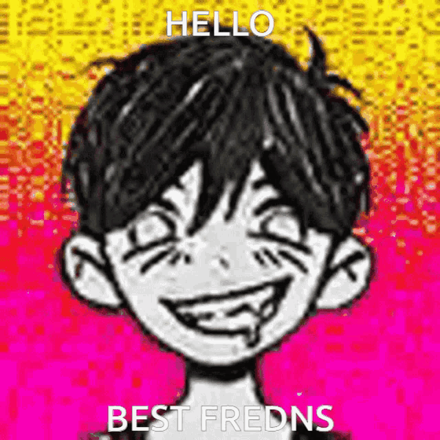a black and white drawing of a boy with the words hello best fredns on the bottom