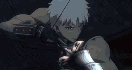 a man with white hair is holding a bow and arrow in his hand in a dark room .
