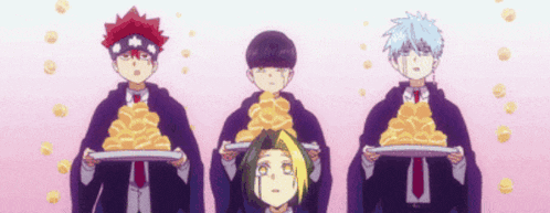 a group of anime characters holding trays of food